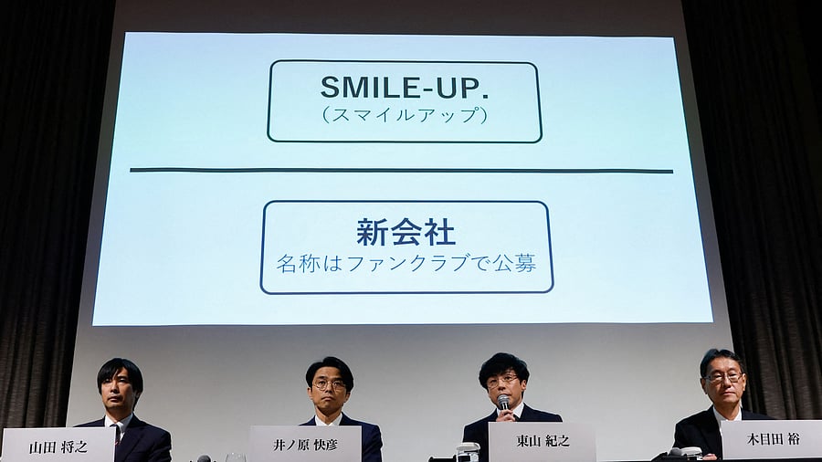 <div class="paragraphs"><p>Japan's talent agency Johnny & Associates Chief Noriyuki Higashiyama, flanked by CEO of Johnny's Island Yoshihiko Inohara, chief compliance officer Masayuki Yamada and their lawyer Hiroshi Kimeda unveils the new company name SMILE-UP during a news conference in Tokyo, Japan, October 2, 2023.</p></div>