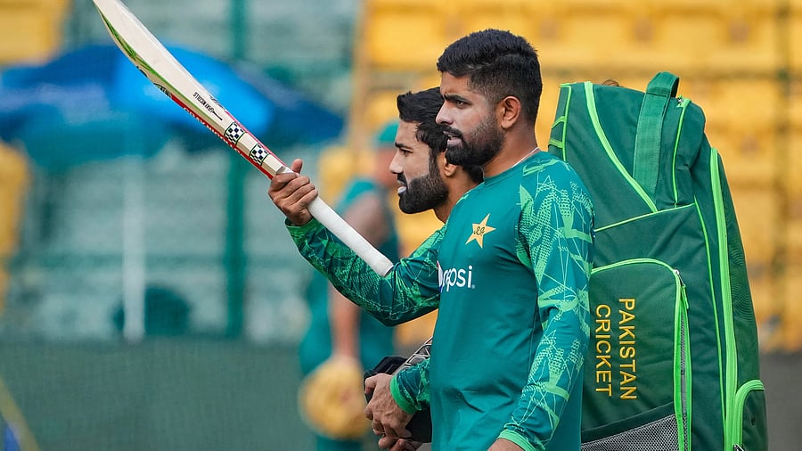 <div class="paragraphs"><p>Pakistan's captain Babar Azam and teammate Muhammad Rizwan during a practice session at the ICC Men's Cricket.</p></div>