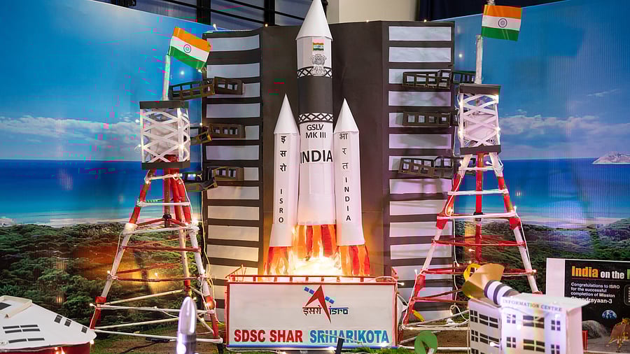 A replica of Chandrayaan-3 on display at Sankalpa Montessori and Preschool, Vijayanagar.