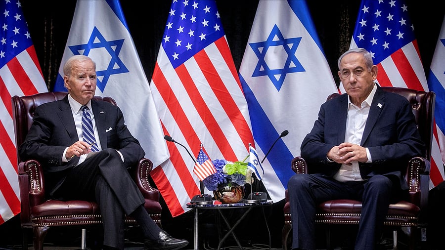 <div class="paragraphs"><p>US President Joe Biden, left, pauses during a meeting with Israeli Prime Minister Benjamin Netanyahu, right, to discuss the war between Israel and Hamas, in Tel Aviv, Israel, Wednesday, Oct. 18, 2023.  </p></div>