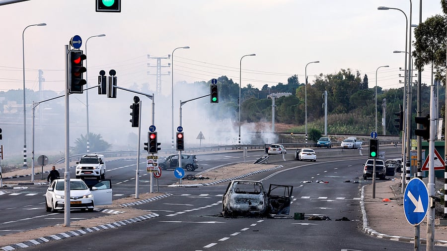 <div class="paragraphs"><p>A view of a junction shows the aftermath of a mass-infiltration by Hamas gunmen from the Gaza Strip, in the Sderot area, southern Israel October 7, 2023.</p></div>