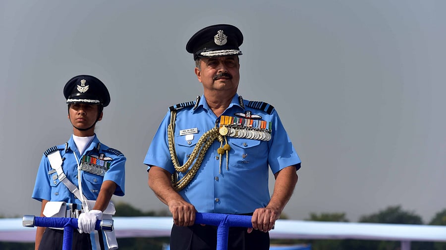 <div class="paragraphs"><p>Chief of the Air Staff (CAS) Air Chief Marshal VR Chaudhari reviews the parade on the 91st Air Force Day, at Bamrauli headquarters of Central Air Command, in Prayagraj.</p></div>