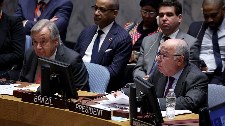 <div class="paragraphs"><p>United Nations Secretary-General Antonio Guterres (L) and Brazil's Foreign Minister Mauro Vieira attend a meeting on the conflict between Israel and the Palestinian Islamist group Hamas at UN headquarters in New York, October 24, 2023. </p></div>