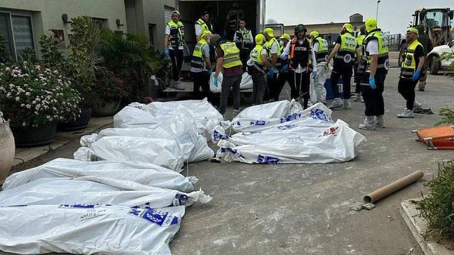 <div class="paragraphs"><p>Victims of Hamas attacks in body bags from one Kibbutz, Kibbutz Beeri in Israel.</p><p></p></div>