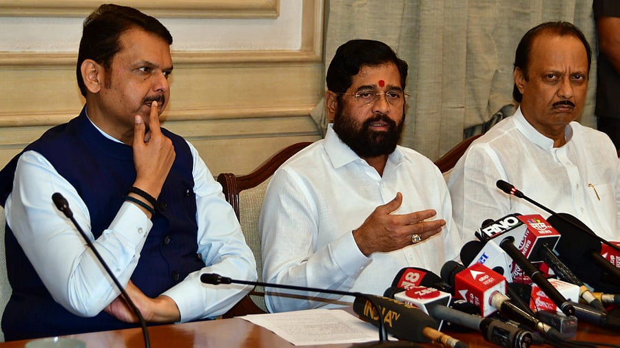 <div class="paragraphs"><p>Mumbai: Maharashtra CM Eknath Shinde (C), Deputy CM Devendra Fadnavis (L), and Deputy CM Ajit Pawar addressing the media on the Maratha Reservation issue, at Sahyadri Guest House, in Mumbai, Monday, Sept. 11, 2023. </p></div>