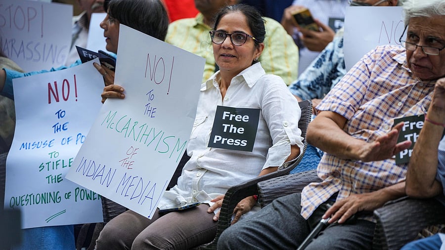 <div class="paragraphs"><p>Journalists during a protest over Police actions on news portal NewsClick in New Delhi.</p></div>