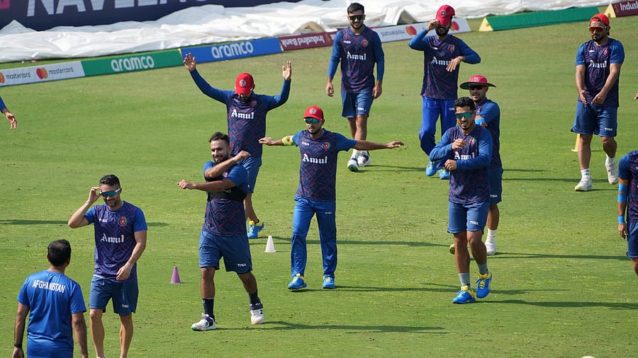 <div class="paragraphs"><p>Afghanistan team during a practice session ahead of their ICC Men's Cricket World Cup 2023 match against India, at Arun Jaitley Stadium.</p></div>