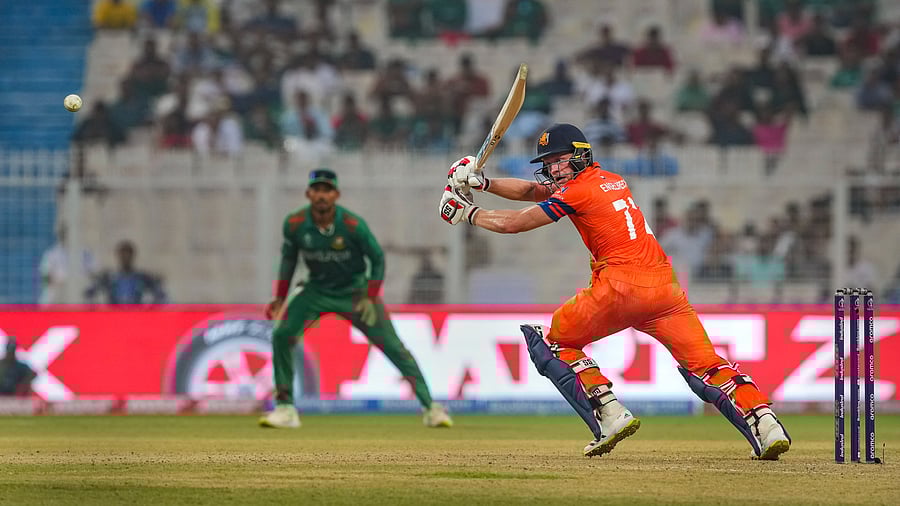 <div class="paragraphs"><p>Netherlands batter Sybrand Engelbrecht plays a shot during ICC Men's Cricket World Cup 2023 match between Bangladesh and Netherlands.</p></div>