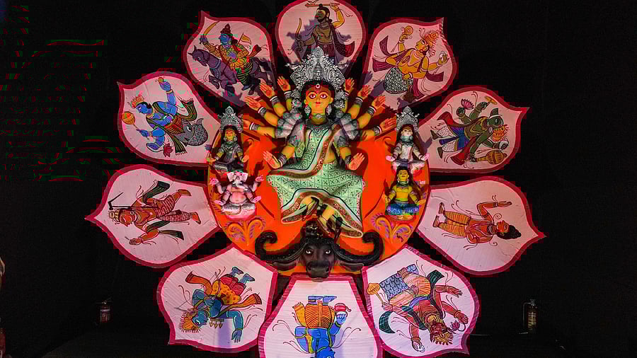 <div class="paragraphs"><p>Kolkata: Devi Durga at a community Puja pandal on 'Maha Saptami' of the Durga Puja celebrations, in Kolkata, Saturday, Oct. 21, 2023. </p></div>