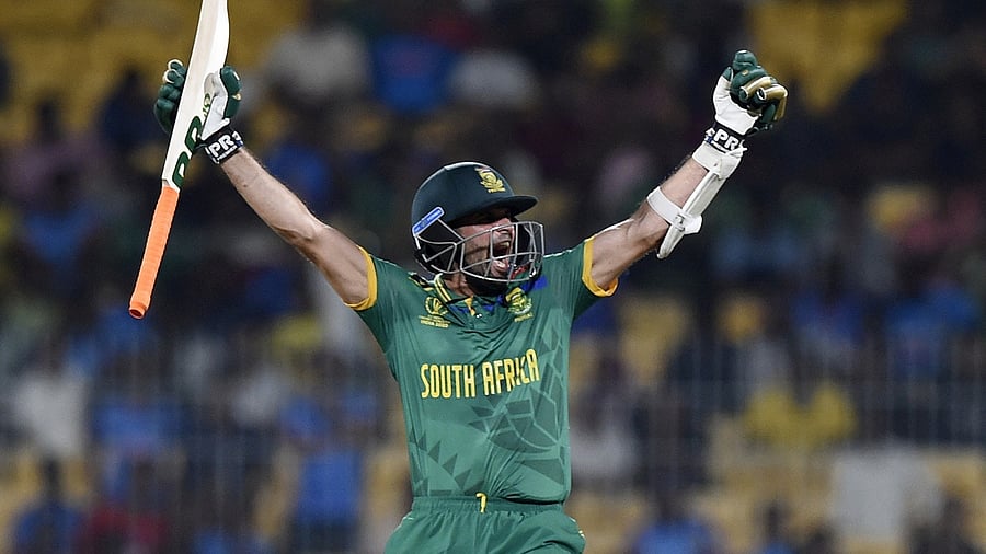 <div class="paragraphs"><p>South Africa's Keshav Maharaj celebrates after hitting the winning runs as South Africa beat Pakistan by 1 wicket at the M. A. Chidambaram Stadium, Chennai.</p></div>