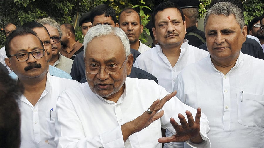 <div class="paragraphs"><p>Bihar Chief Minister Nitish Kumar speaks with the media regarding the caste-based census report, in Patna, Monday, Oct. 2, 2023. Bihar government on Monday released findings of the survey, which revealed that OBCs and EBCs constitute a whopping 63 per cent of the state's total population. </p></div>