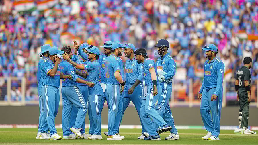 <div class="paragraphs"><p>Ahmedabad: India's Kuldeep Yadav celebrates with teammates after taking the wicket of Pakistan's Iftikhar Ahmed during the ICC Men's Cricket World Cup 2023 match between India and Pakistan, at Narendra Modi Stadium, in Ahmedabad, Saturday, Oct. 14, 2023.</p></div>