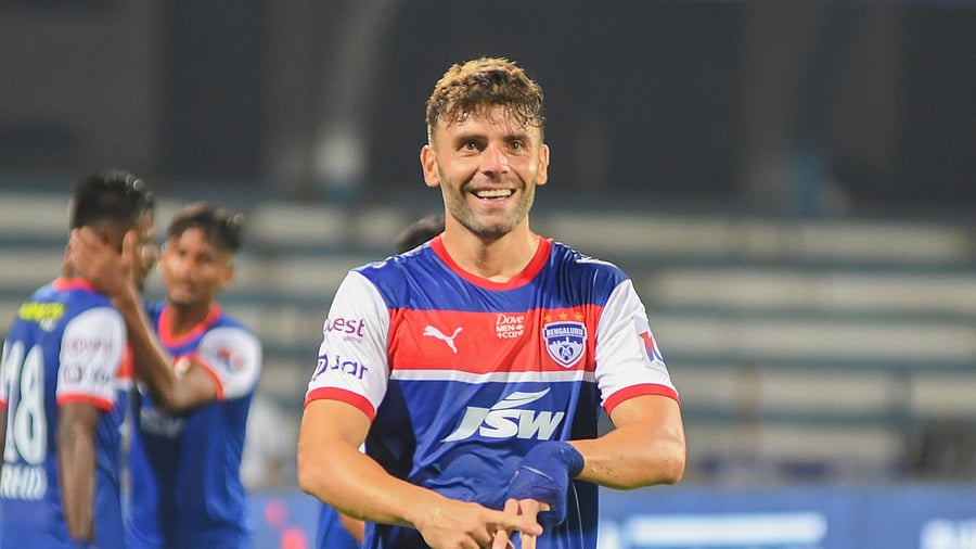 Javier Hernandez of BFC celebrates after scoring a goal during their win over East Bengal at the Sree Kanteerava stadium in Bengaluru on Wednesday. DH Photo/ S K Dinesh