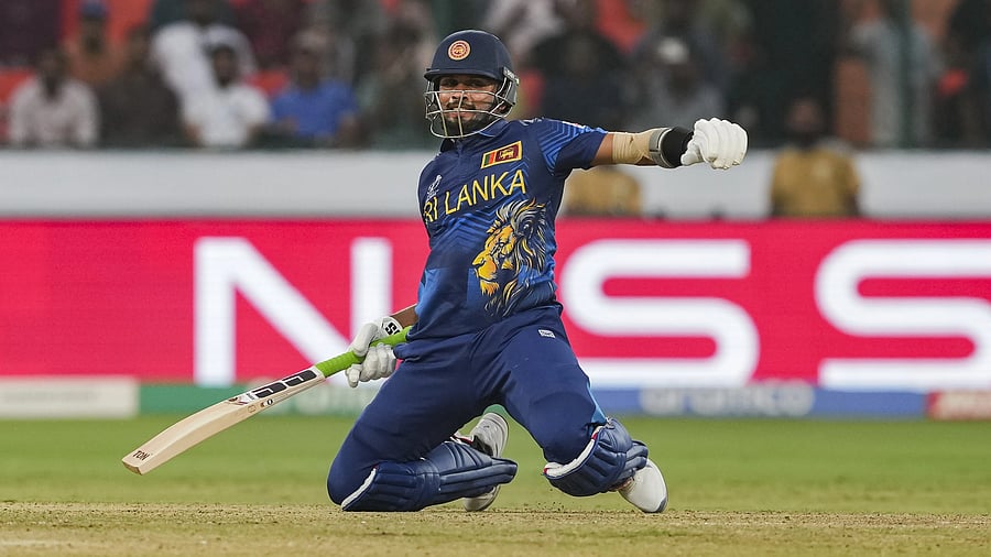 <div class="paragraphs"><p>Sri Lanka's captain Dasun Shanaka in action during ICC Men's Cricket World Cup 2023 match between Pakistan and Sri Lanka, at Rajiv Gandhi International Cricket Stadium, in Hyderabad, Tuesday, Oct. 10, 2023. </p></div>