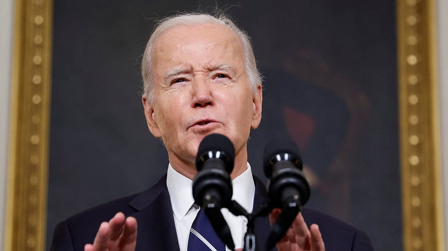 <div class="paragraphs"><p>US President Joe Biden makes remarks after speaking by phone with Israeli Prime Minister Benjamin Netanyahu about the situation in Israel following Hamas' deadly attacks, from the State Dining Room at the White House in Washington.</p></div>