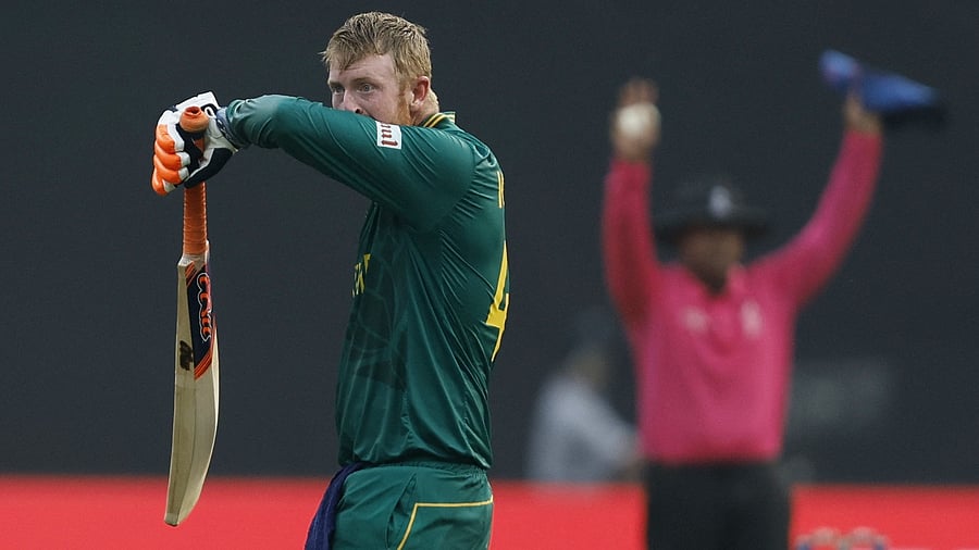 <div class="paragraphs"><p>South Africa's Heinrich Klaasen reacts after hitting a six.</p></div>