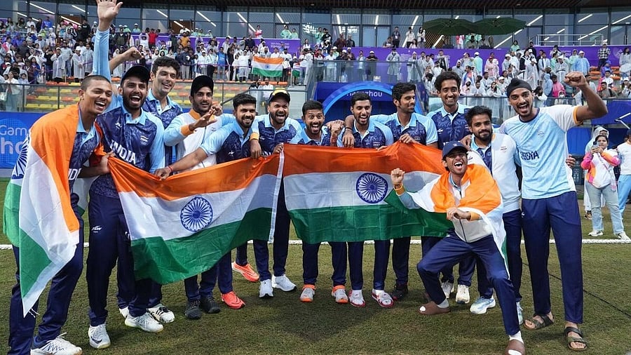 <div class="paragraphs"><p>Indian players celebrate after winning the Men's Gold Medal cricket match against Afghanistan at the 19th Asian Games, in Hangzhou. </p></div>
