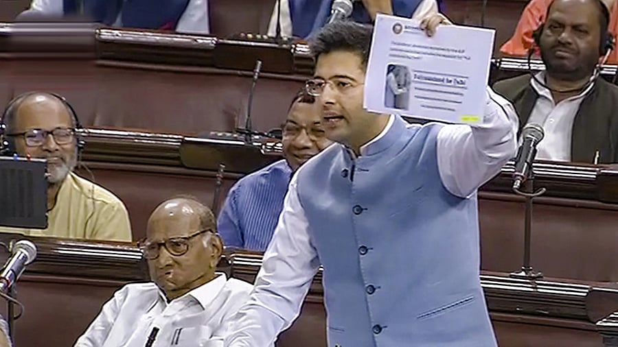 <div class="paragraphs"><p>File photo of AAP MP Raghav Chadha taking part in a debate on the Government of National Capital Territory of Delhi (Amendment) Bill, 2023, in the Rajya Sabha during the Monsoon session of Parliament, in New Delhi. </p></div>