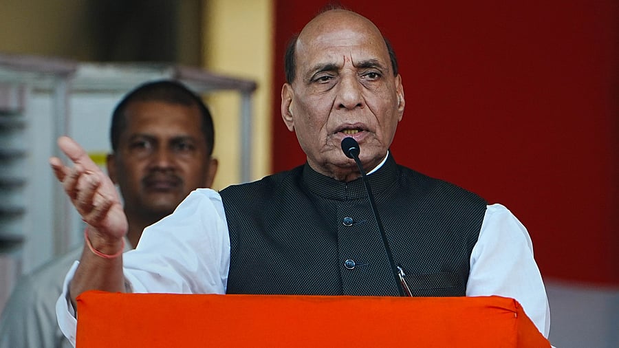 Hyderabad: Union Defence Minister Rajnath Singh addresses a public meeting in Hujurabad Assembly constituency, in Hyderabad, Monday, Oct. 16, 2023. (PTI Photo) (PTI10_16_2023_000083B)