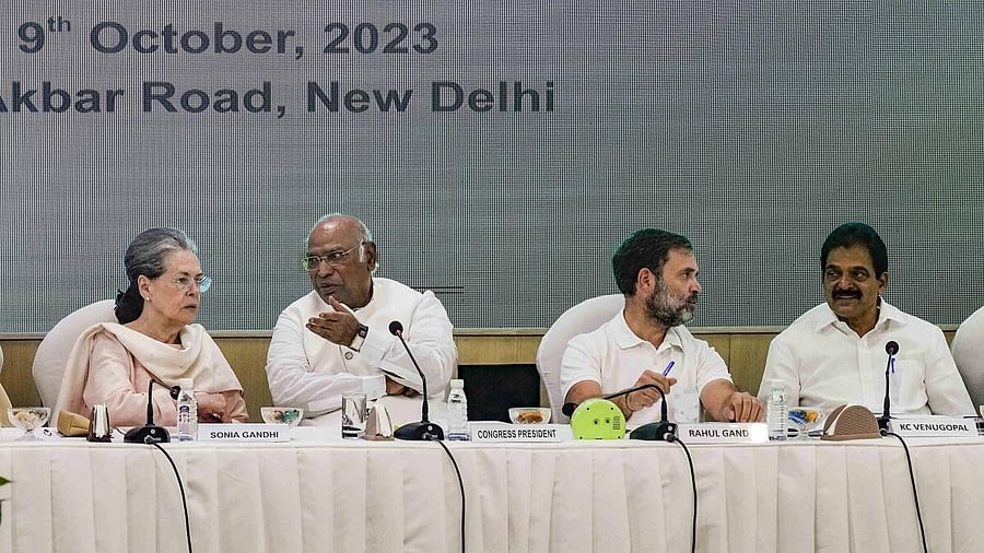 <div class="paragraphs"><p>Congress Working Committee meet under way. Seen in the photo (left-right) are veteran leader Sonia Gandhi, current party president Mallikarjun Kharge, leader Rahul Gandhi, and General Secretary of AICC K C Venugopal.</p></div>