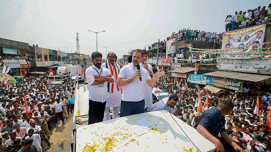 <div class="paragraphs"><p> Congress leader Rahul Gandhi with Telangana Congress President Revanth Reddy during a rally ahead of State Assembly elections, at Kataram in Bhupalpally district.&nbsp;</p></div>