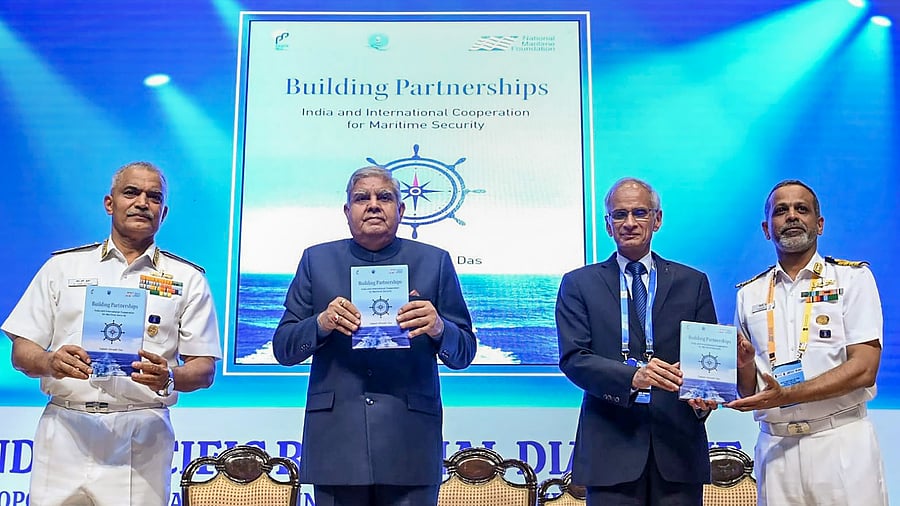 <div class="paragraphs"><p>Vice-President Jagdeep Dhankhar releases the book 'Building Partnerships: India and International Cooperation for Maritime Security' authored by Captain Himadri Das at the “Indo-Pacific Regional Dialogue” at Manekshaw Centre in New Delhi, Wednesday, Nov. 15, 2023. Navy Chief Admiral R. Hari Kumar is also seen.</p></div>