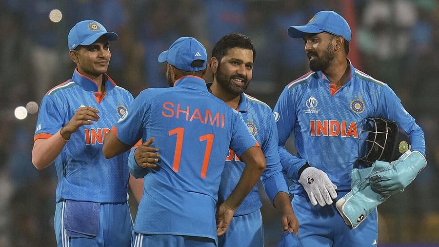 <div class="paragraphs"><p>Indian players celebrate after winning the ICC Men's Cricket World Cup match over Netherlands, at M Chinnaswamy Stadium in Bengaluru.</p></div>
