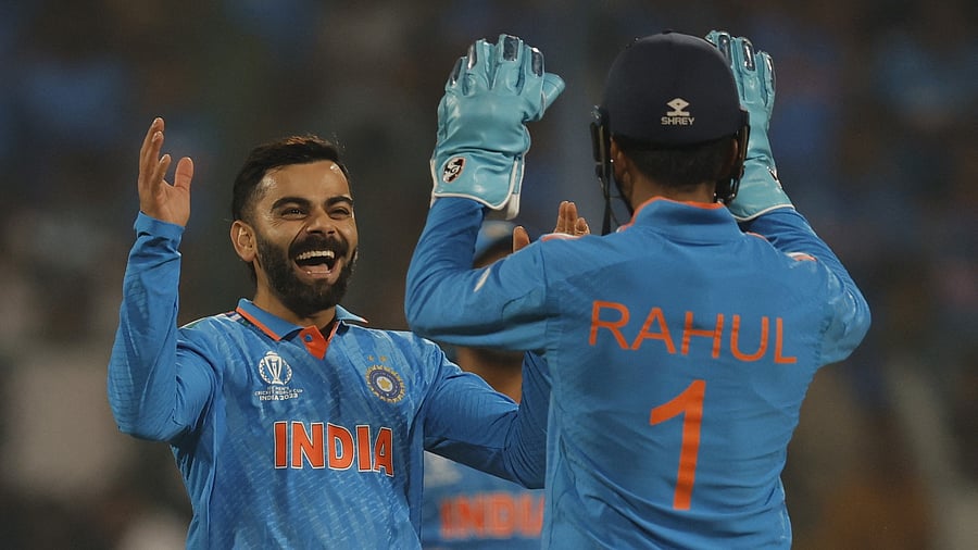 <div class="paragraphs"><p> India's KL Rahul celebrates after taking a catch to dismiss Netherlands' Scott Edwards off the bowling of Virat Kohli at the&nbsp;M. Chinnaswamy Stadium, Bengaluru.&nbsp;</p></div>