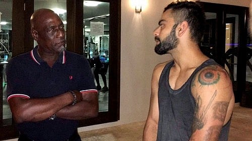 <div class="paragraphs"><p>File photo of West Indies' legend Vivian Richards with Virat Kohli in Antigua.</p></div>