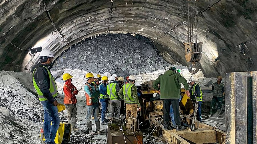 <div class="paragraphs"><p> Rescue and relief operations underway after a portion of a tunnel under construction between Silkyara and Dandalgaon on the Brahmakhal-Yamunotri national highway collapsed, in Uttarkashi district, Wednesday, Nov 15, 2023. </p></div>