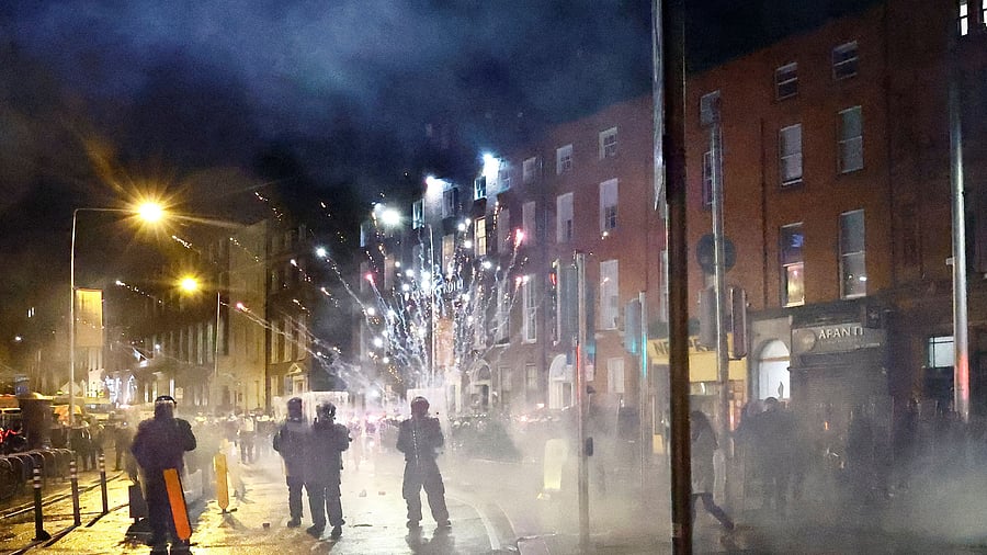 <div class="paragraphs"><p>Fireworks are thrown at police officers as a riot breaks out following a school stabbing that left several children and adults injured, in Dublin, Ireland.</p></div>