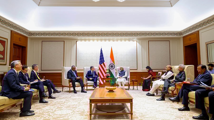 <div class="paragraphs"><p> Prime Minister Narendra Modi meets US Secretary of State Antony Blinken and Secretary of Defense Lloyd Austin, in New Delhi, Friday, Nov. 10, 2023. Defence Minister Rajnath Singh, and External Affairs Minister S Jaishankar are also seen. </p></div>