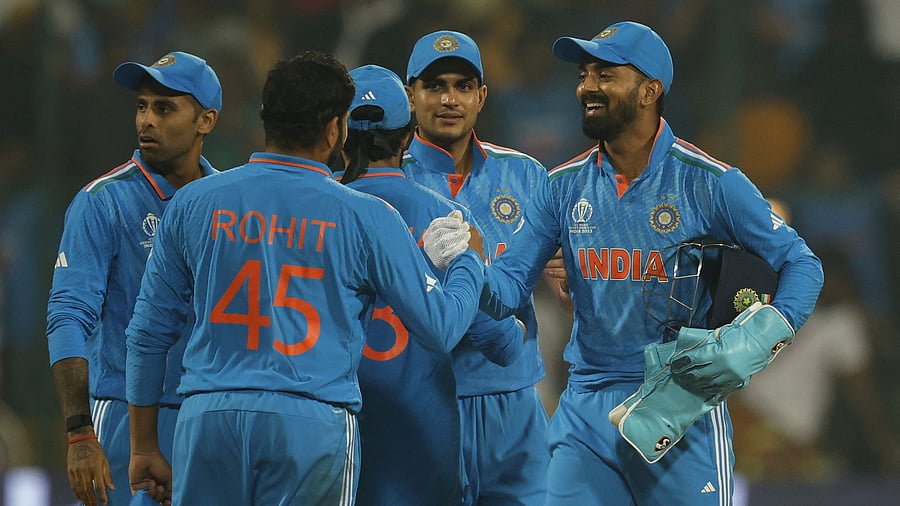 <div class="paragraphs"><p>India v Netherlands at the M. Chinnaswamy Stadium, Bengaluru, India, November 12, 2023. India's KL Rahul celebrates with Rohit Sharma and teammates after the match.</p></div>