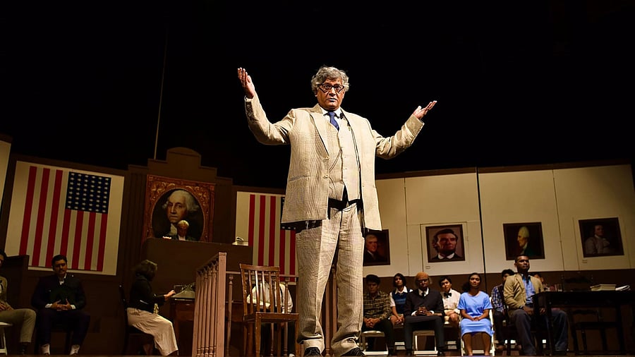 Kenneth Gonsalves on stage as Atticus Finch, the principled lawyer.