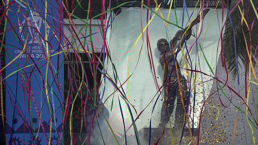 A statue of former cricketer Sachin Tendulkar being inaugurated at the Wankhede stadium, on the eve of the World Cup match between India and Sri Lanka in Mumbai on Wednesday. PTI