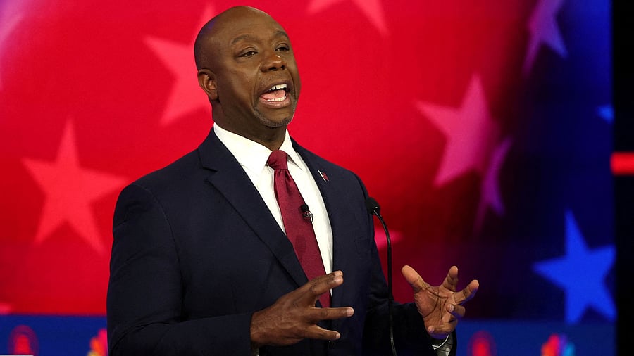 <div class="paragraphs"><p>US Senator Tim Scott speaks at the third Republican candidates' U.S. presidential debate of the 2024 U.S. presidential campaign hosted by NBC News at the Adrienne Arsht Center for the Performing Arts in Miami, Florida, U.S., November 8, 2023.</p></div>