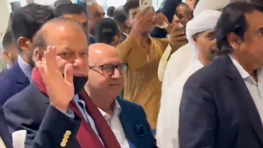 <div class="paragraphs"><p>Pakistan Muslim League-Nawaz (PML-N) supremo Nawaz Sharif arrives at Dubai airport to return to Pakistan after four years, Saturday, Oct. 21, 2023.</p></div>