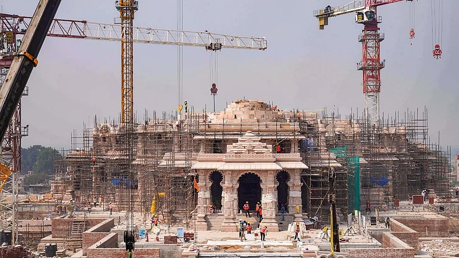 <div class="paragraphs"><p>Labourers work at the construction site of the Shri Ram Janmbhoomi Teerth Kshetra, in Ayodhya. </p></div>