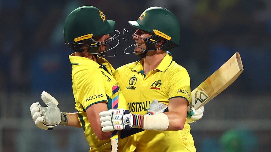 <div class="paragraphs"><p>Australia's Pat Cummins and Mitchell Starc celebrate progressing to the final after winning the match at the Eden Gardens, Kolkata. </p></div>