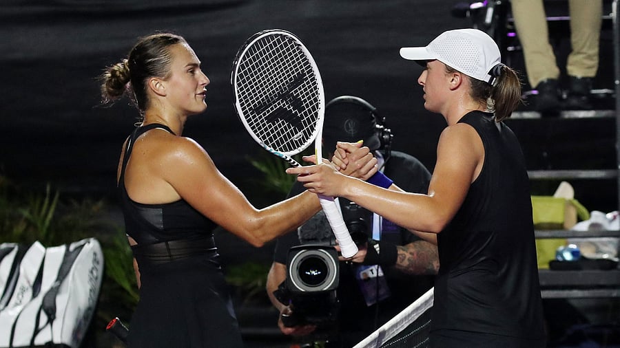 <div class="paragraphs"><p> Poland's Iga Swiatek shakes hands with Belarus' Aryna Sabalenka after winning her semi final match.</p></div>