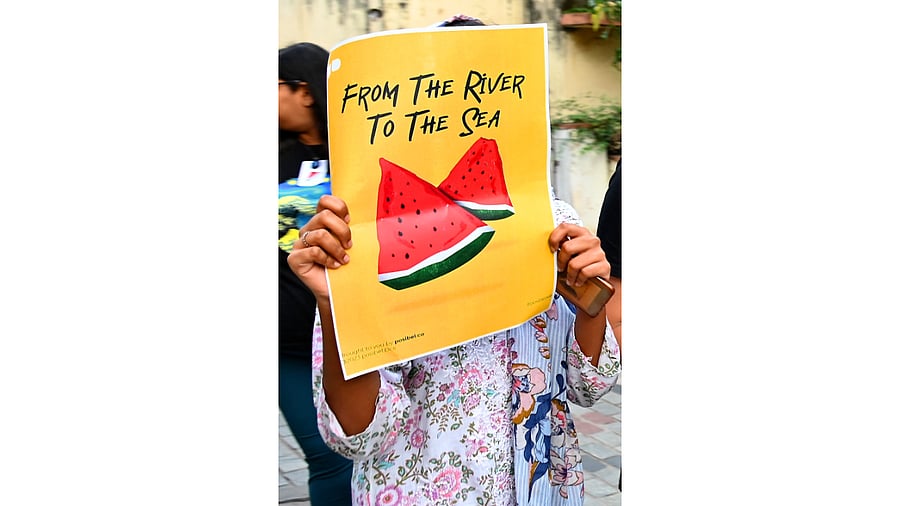 <div class="paragraphs"><p>The posters displayed images of watermelons — a symbolic representation of Palestine with the colours of its flag.&nbsp;</p></div>