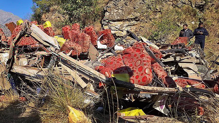 <div class="paragraphs"><p>Wrecked remains of a bus which fell into a gorge while carrying passengers, in Doda district of Jammu &amp; Kashmir.&nbsp;</p></div>