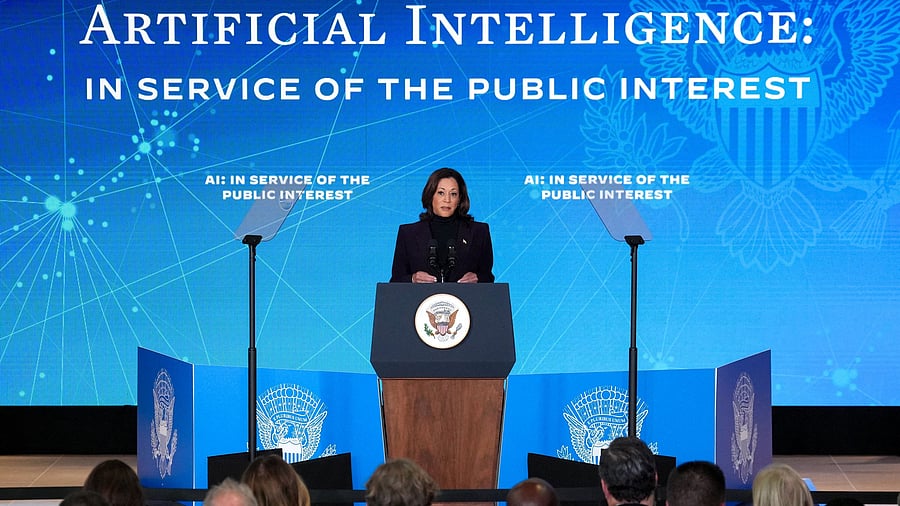 <div class="paragraphs"><p>US Vice President Kamala Harris speaks about Artificial Intelligence during a press conference on the first day of the AI Safety Summit 2023, in London, Britain, November 1, 2023.</p></div>