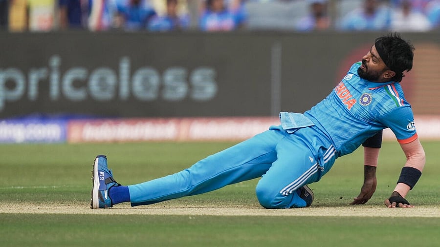 <div class="paragraphs"><p>Hardik Pandya attempts to stop the ball during the ICC Men's Cricket World Cup 2023 match between India and Bangladesh, at Maharashtra Cricket Association Stadium in Pune, Thursday, Oct. 19, 2023.</p></div>