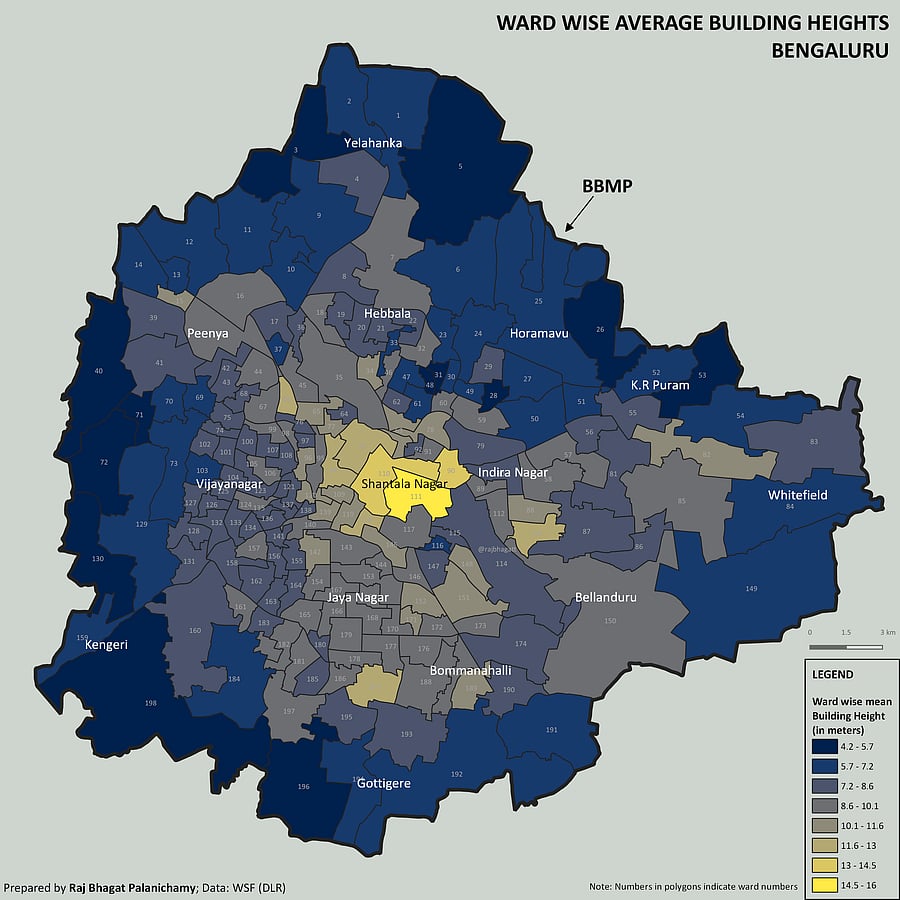 A map of ward-wise average building height in Bengaluru, created by geoanalytics expert Raj Bhagat.