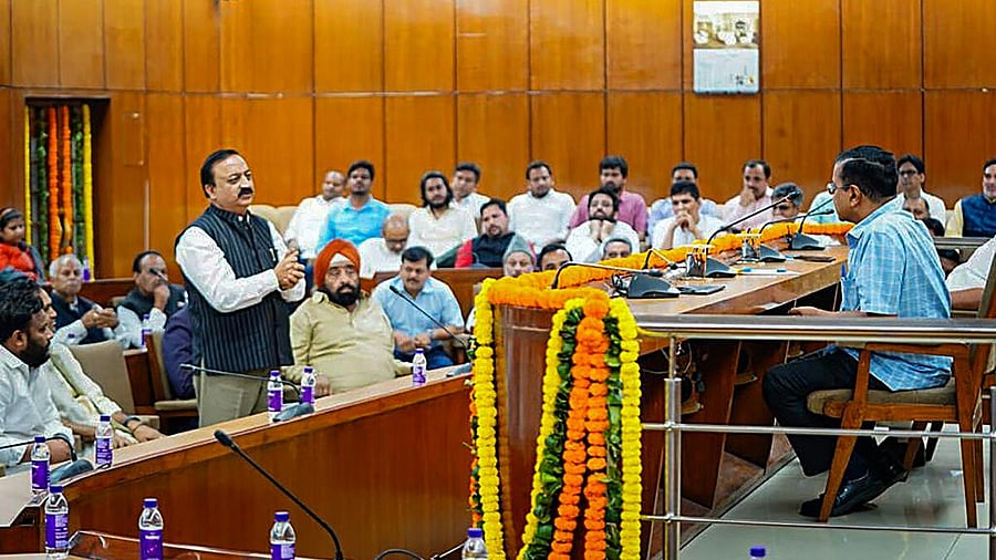 <div class="paragraphs"><p>Delhi Chief Minister Arvind Kejriwal during a meeting with AAP MLAs over recent ED summons, in New Delhi.&nbsp;</p></div>