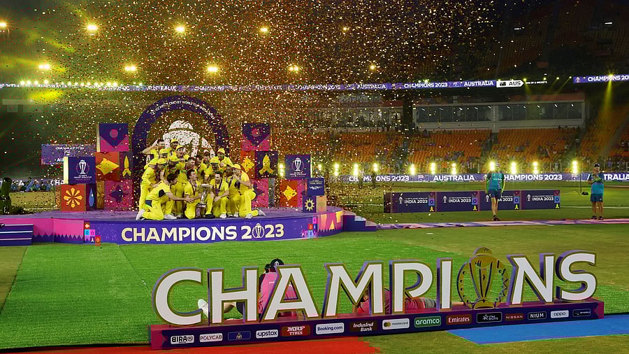 <div class="paragraphs"><p> ICC Cricket World Cup 2023 - Final - India v Australia - Narendra Modi Stadium, Ahmedabad, India - November 19, 2023 Australia players celebrate with the trophy after winning the ICC Cricket World Cup.</p></div>