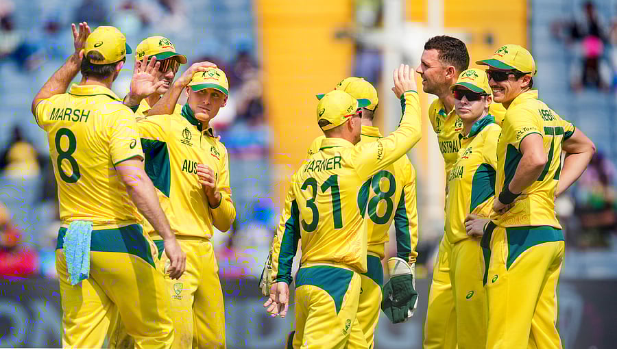 <div class="paragraphs"><p>Pune: Australia's Marnus Labuschagne celebrates with teammates after taking the wicket of Bangladesh's Mahmudullah through run out during the ICC Men's Cricket World Cup 2023 match between Australia and Bangladesh, at Maharashtra Cricket Association Stadium, in Pune, Saturday, Nov. 11, 2023. </p></div>