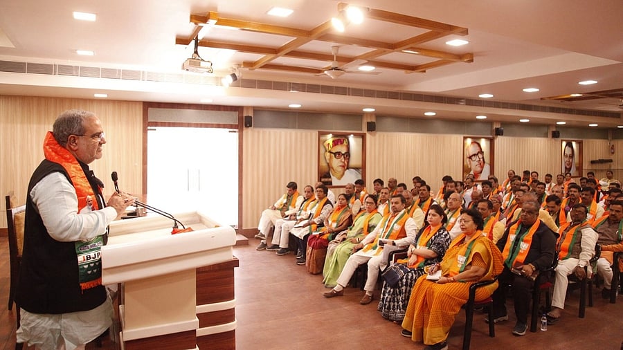 <div class="paragraphs"><p>UP BJP president Bhupendra Chaudhary addresses party leaders on Monday. </p></div>