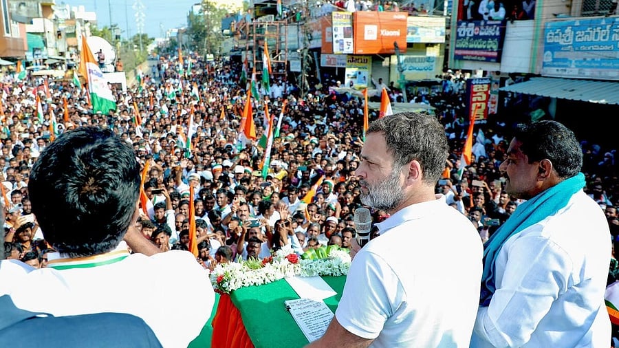 <div class="paragraphs"><p>Congress leader Rahul Gandhi addresses a public meeting ahead of Telangana Assembly elections. </p></div>